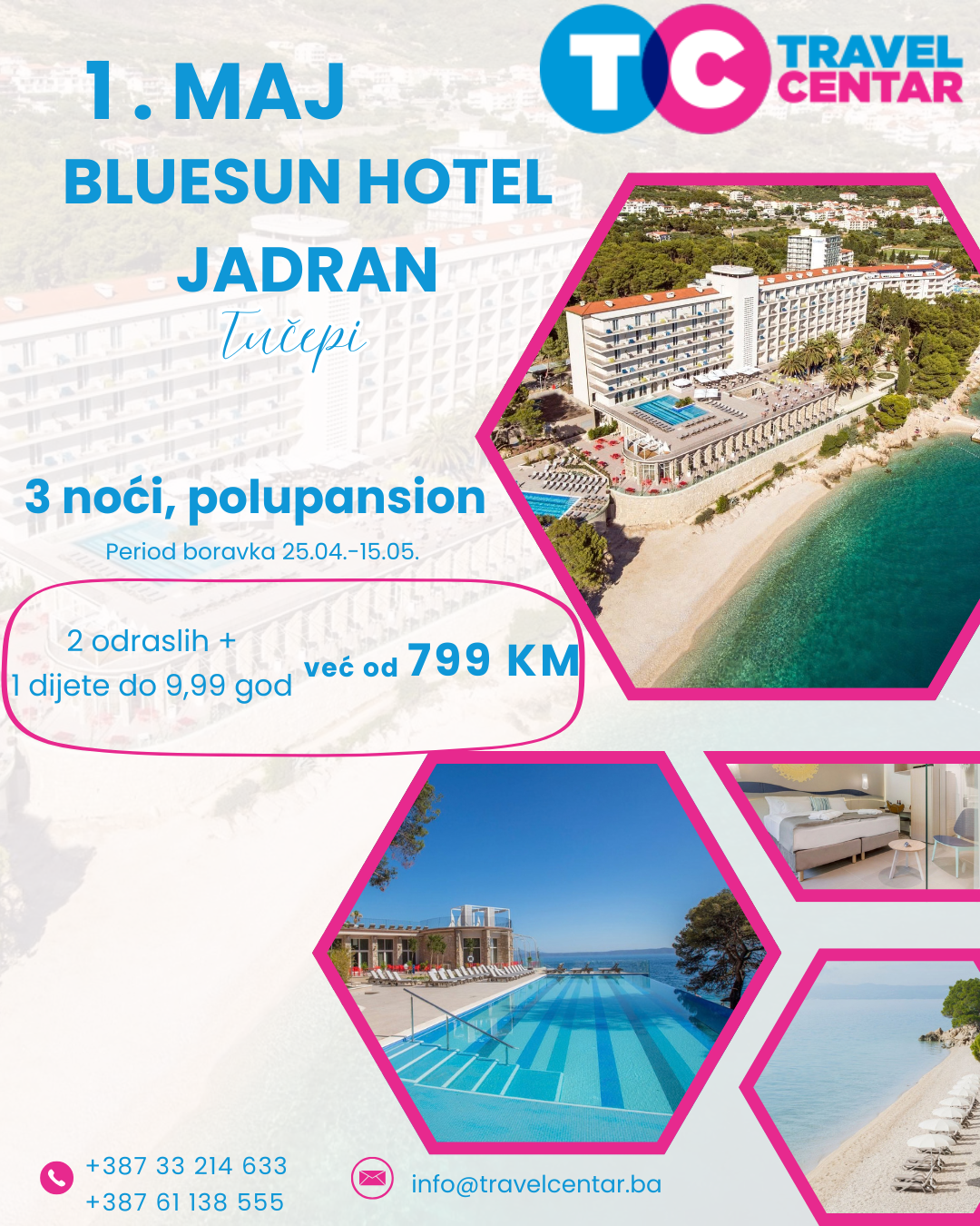 Prvi maj Tučepi 2026 – Bluesun Hotel Jadran polupansion | 3 noći od 799 KM za 2 osobe