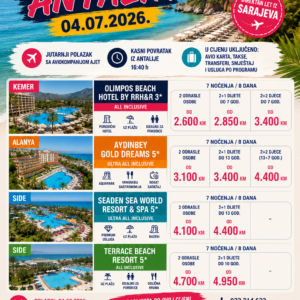 Antalya Ljeto 2026 – Last Minute Ponude iz Sarajeva Već od 2.600 KM